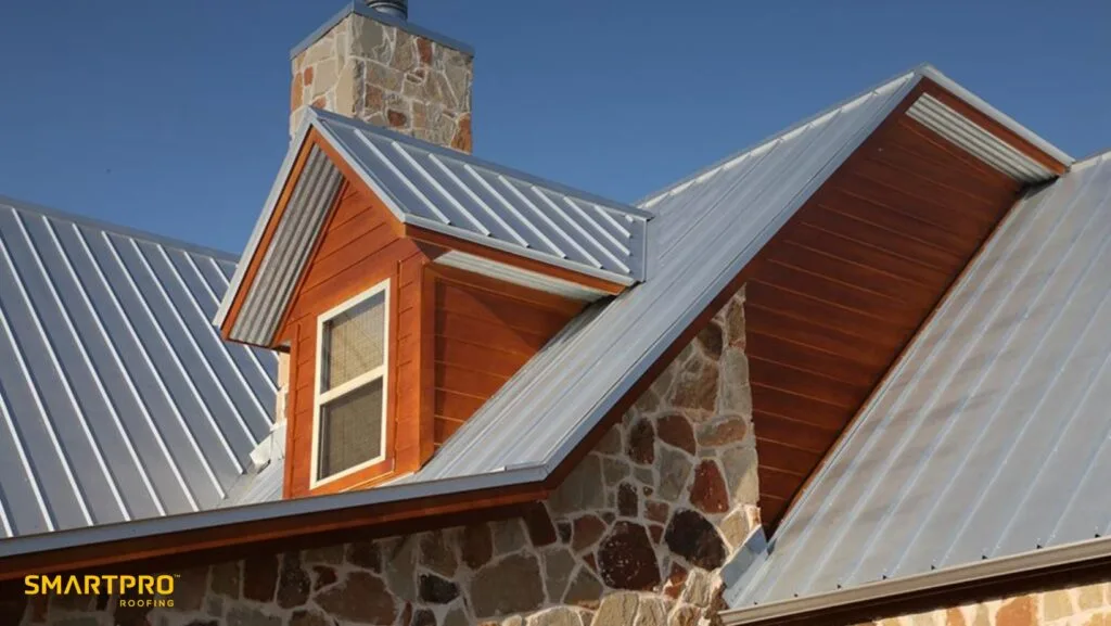 A metal roof featuring a prominent chimney