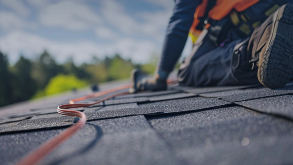 Roof Cleaning Near Me: How to Choose the Right Roof Cleaning Service 8 A man is safely working on a roof, using a cord for support and stability during his task