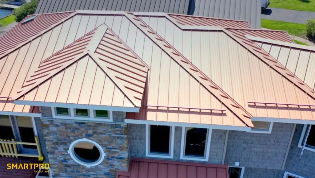 A roof featuring a sleek copper roofing system