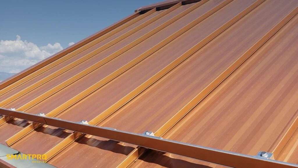 Detailed view of a metal roof featuring a metal roofing system
