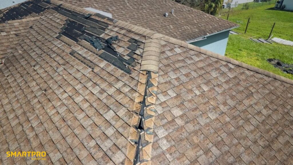 A close-up of a roof showing a damaged shingle
