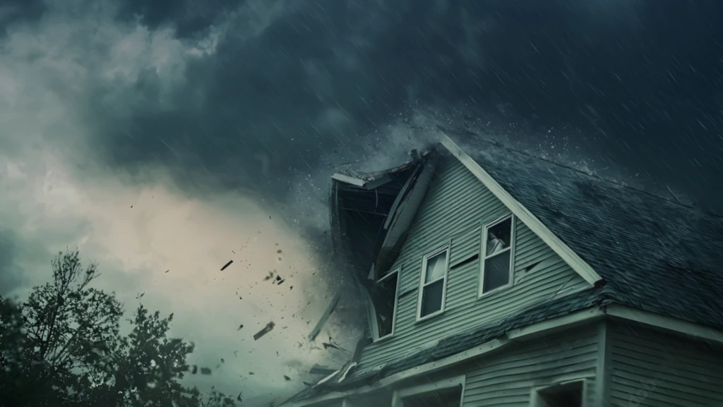 A house stands resilient amid a fierce storm, with dark clouds and heavy rain surrounding it. 