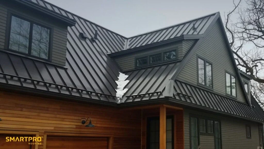 A residential home with a sleek metal roof