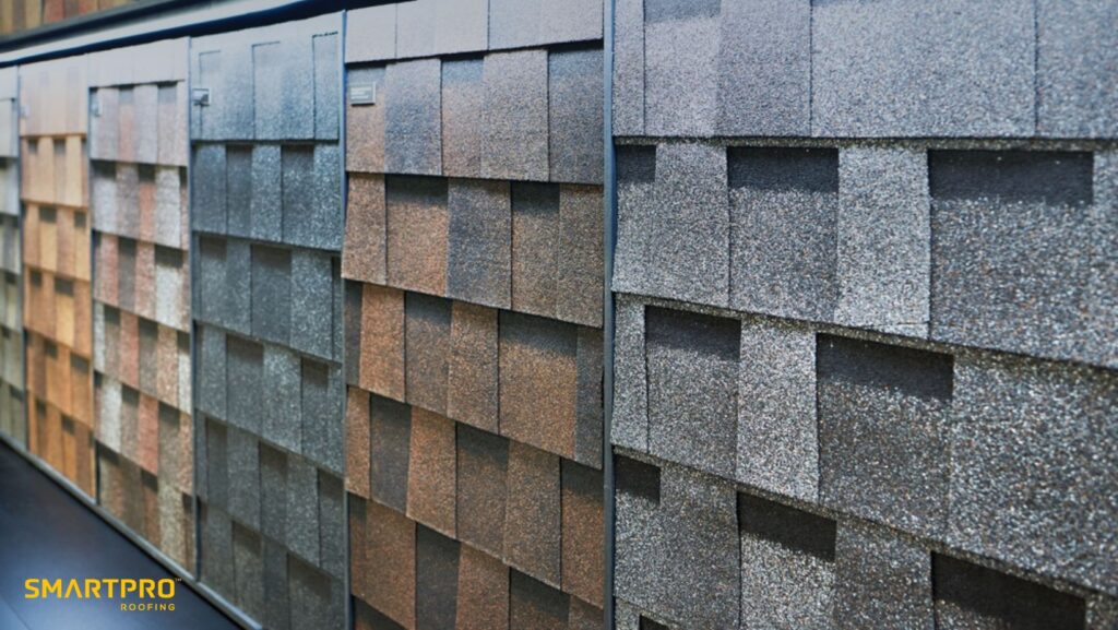 A row of various colored shingles displayed on a building