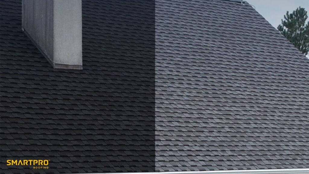 A sloped roof with a chimney