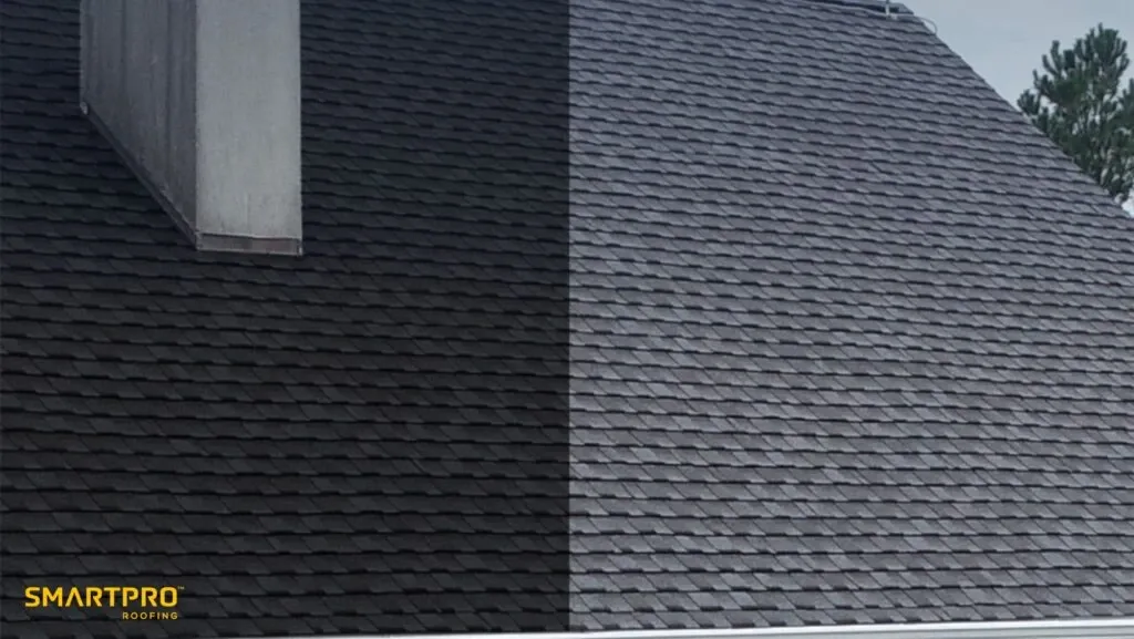 A sloped roof with a chimney