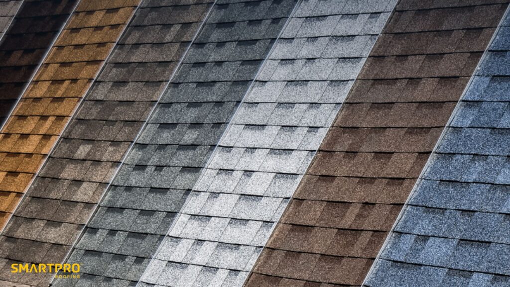 A close-up view of various colored shingles arranged in a pattern