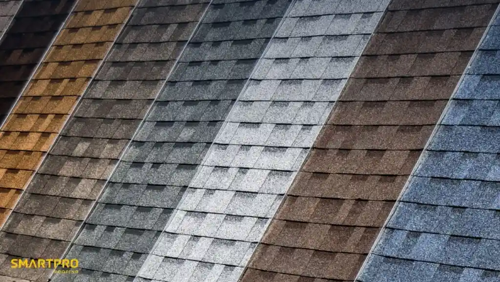 A close-up view of various colored shingles arranged in a pattern