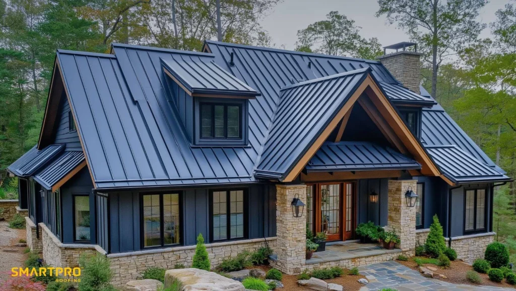 A house featuring a metal roof and a stone front