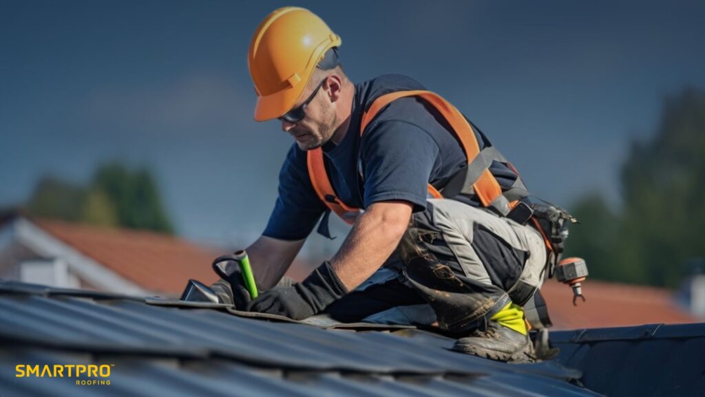 Homeowner’s Guide: Key Facts on Roof Replacement 13 A man in safety gear is working on a roof