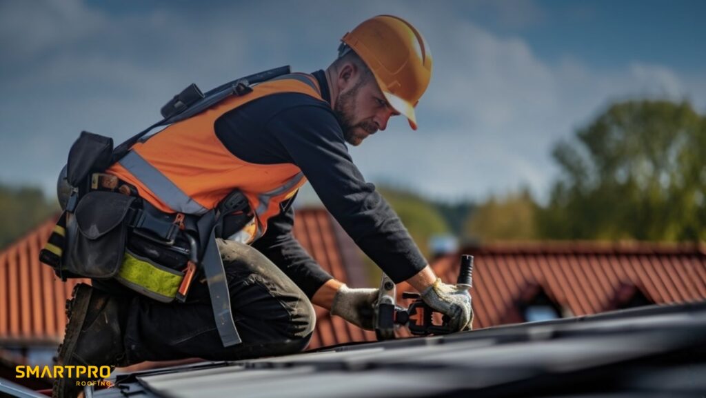 Homeowner’s Guide: Key Facts on Roof Replacement 14 A man wearing an orange vest and safety helmet is working on a roof