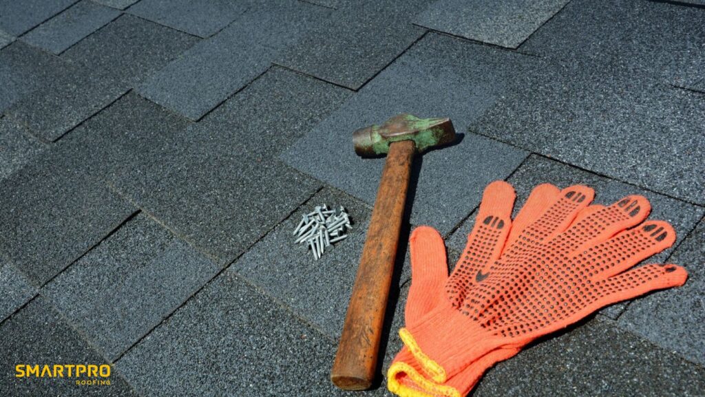 Homeowner’s Guide: Key Facts on Roof Replacement 15 A hammer and a pair of gloves resting on a roof
