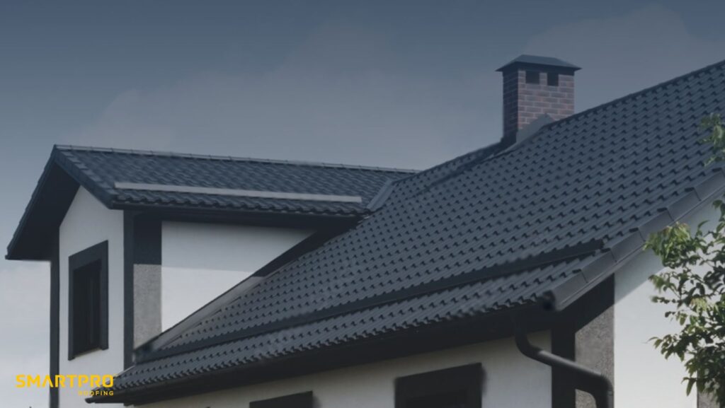 Homeowner’s Guide: Key Facts on Roof Replacement 16 A house featuring a black roof and a chimney