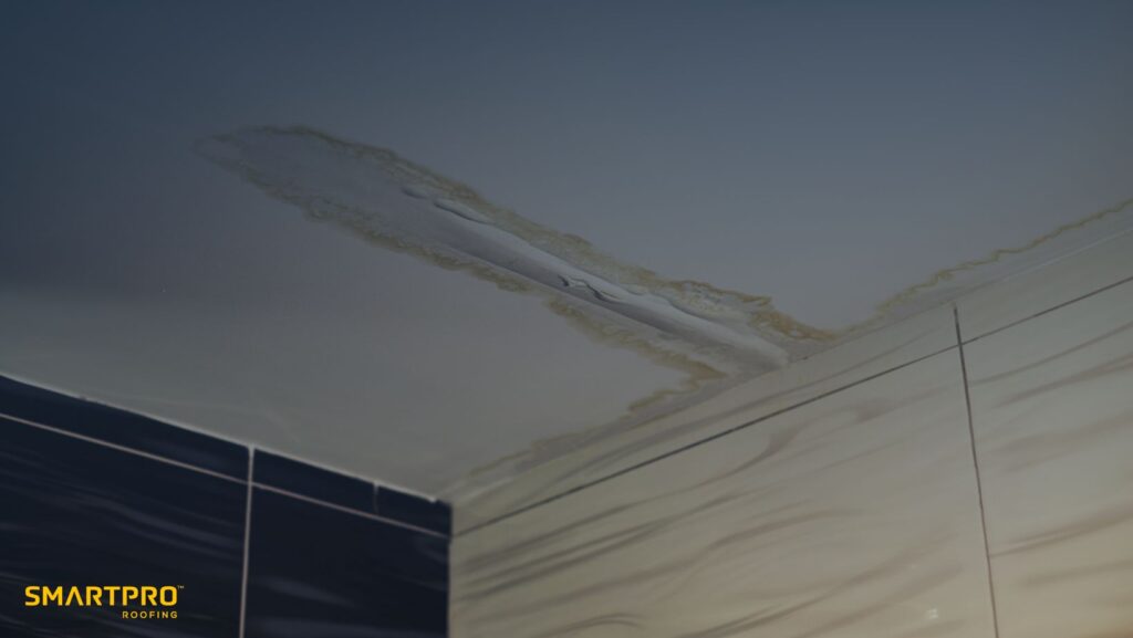 Leaking Roof? Learn to Fix It From the Inside – A DIY Guide 11 Water damage stain on a ceiling, showing discoloration and peeling paint near a tiled wall. SmartPro Roofing logo in the corner.