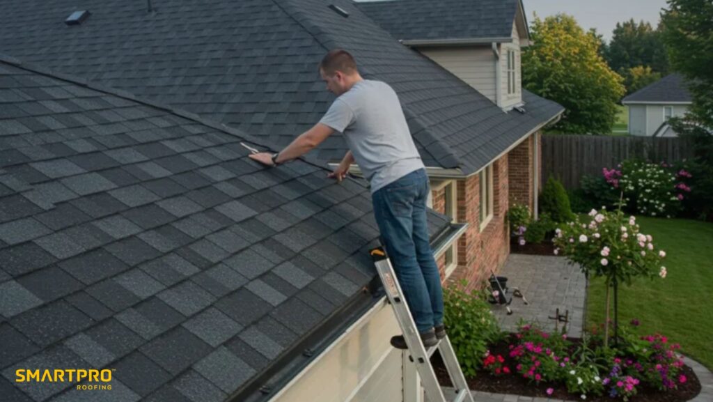 Shingle Roof Lifespan Explained: How Long Do Shingles Last? (15, 20, and 30-Year Options) 12 A man on a ladder performing maintenance work on a roof under clear blue skies.