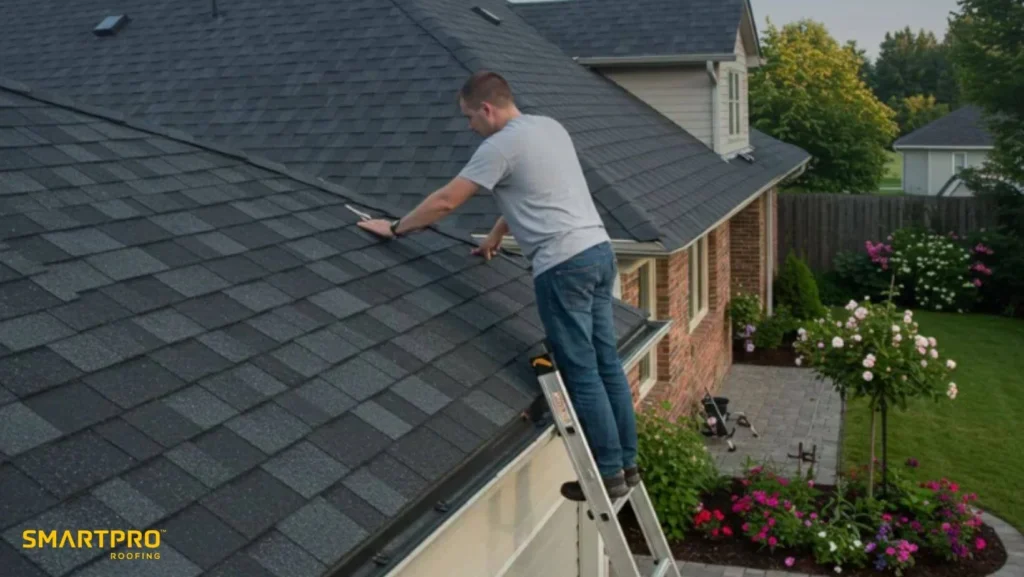 A man on a ladder performing maintenance work on a roof under clear blue skies.