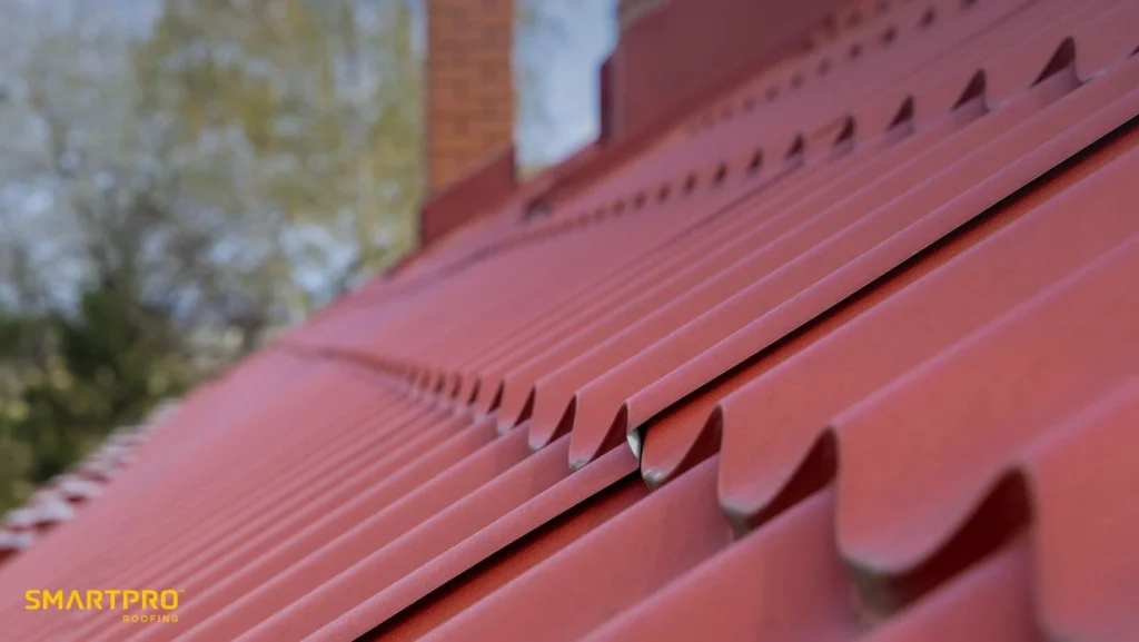 Close-up of a red roof featuring a prominent yellow line along its edge