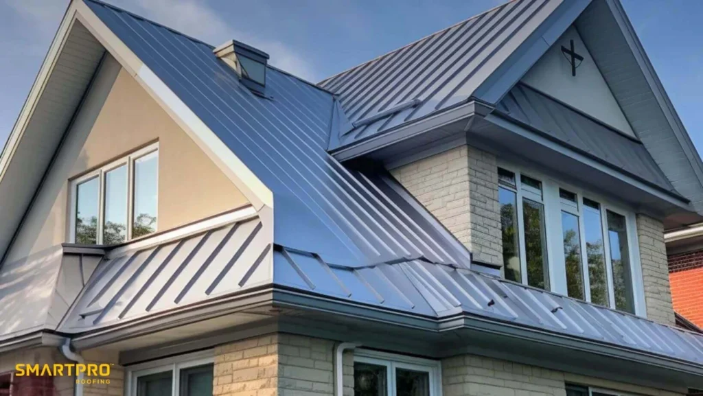 A house featuring a metal roof and several windows
