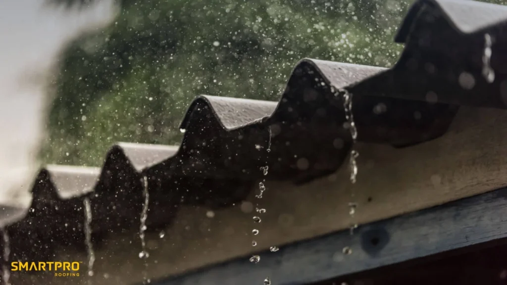 Rain cascades down a roof into a gutter