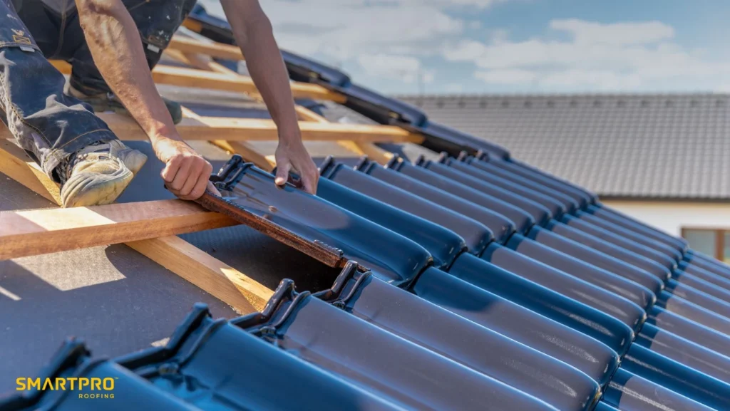 A man installs roofing materials on a house, using tools while standing on a ladder.