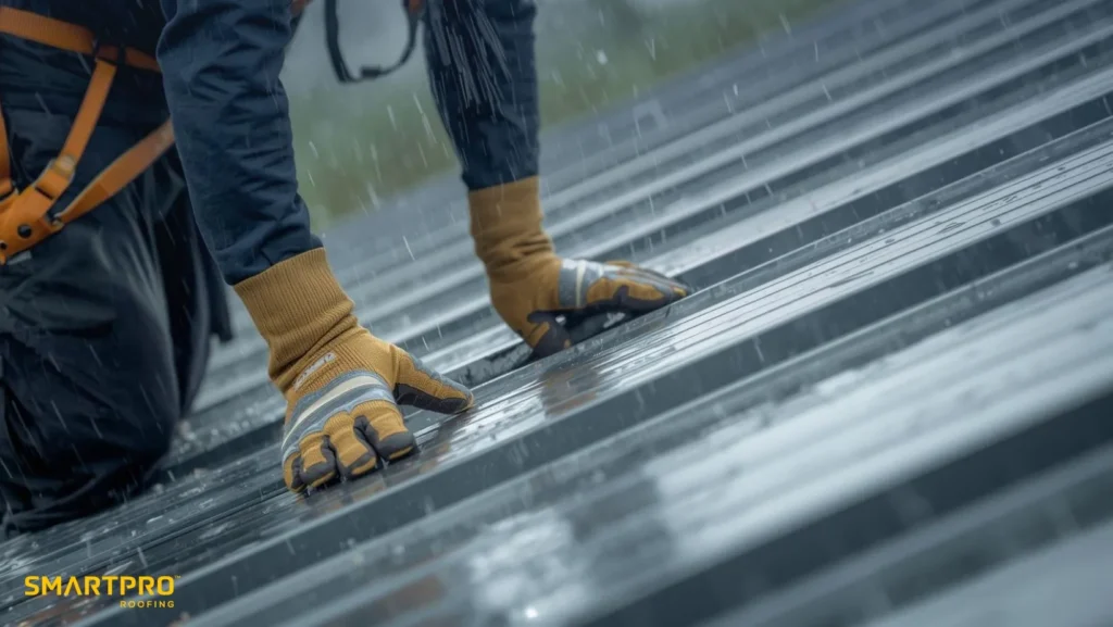 A man wearing rubber gloves and rain boots stands on a metal roof