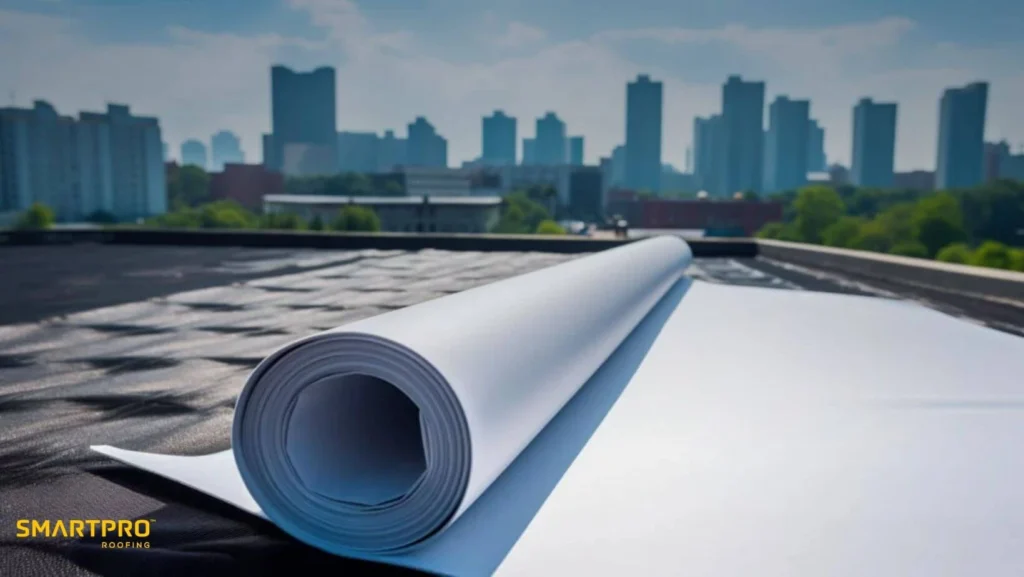 A roll of paper rests on a rooftop, with a city skyline visible in the background under a clear blue sky.