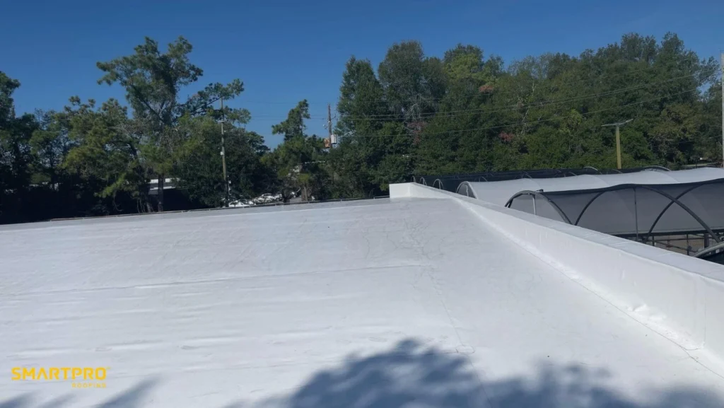 Flat white roof with clear blue sky and trees in the background. The atmosphere is calm, showcasing a recently completed roof repair.