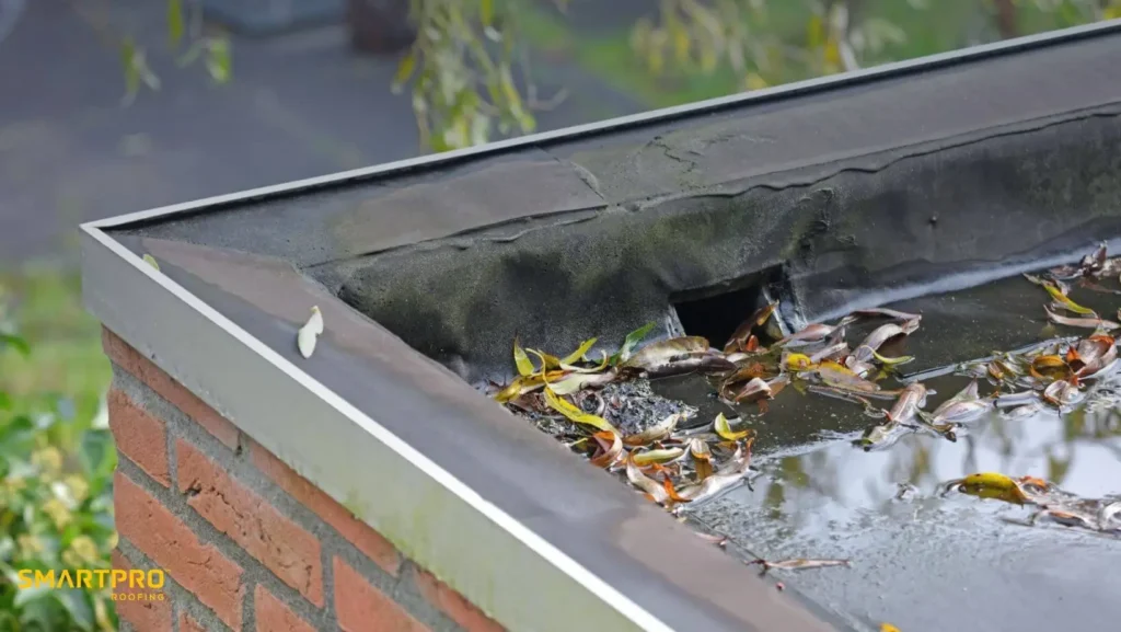 Clogged roof gutter filled with leaves and standing water