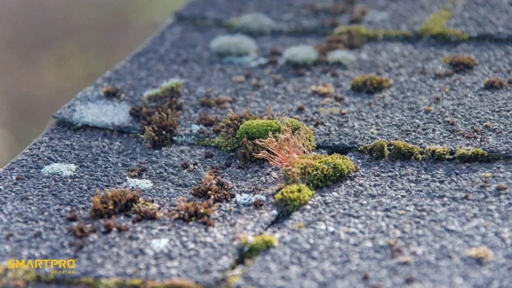 Flat Roof Leaks in Florida: Common Issues and How to Prevent Them 11 Close-up of a weathered rooftop covered with patches of green and brown moss. The texture is rough, conveying a natural and aged atmosphere.