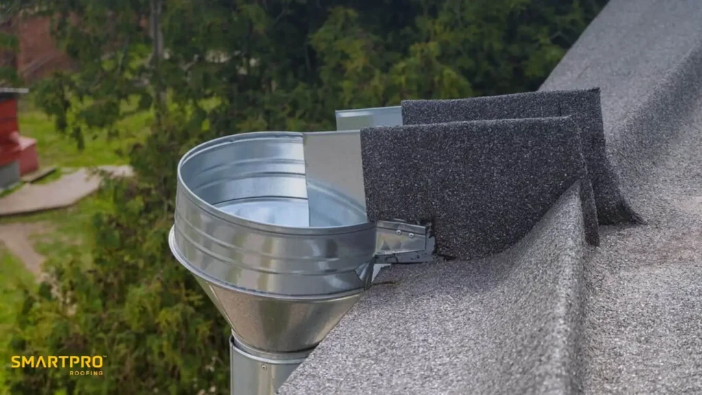 A metal roof vent topped with a metal bucket, showcasing a practical roofing installation.