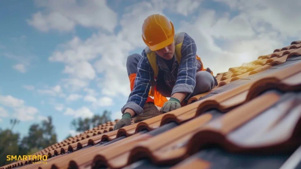 Tile Roof Warranty: What Florida Homeowners Should Know Before Choosing a Roof 11 A man wearing a hard hat works on a roof, focused on his task amidst construction materials.