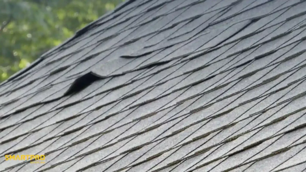 Close-up of a grey shingle roof with one shingle lifted, possibly due to wind damage. The image conveys a need for maintenance or repair.