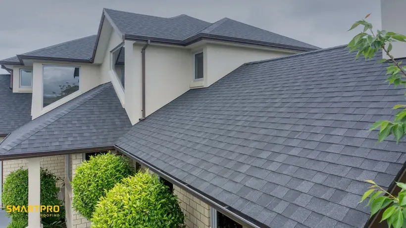 Modern house with a large, dark gray shingle roof. White walls contrast the roof while green shrubs add a natural touch. Overcast sky above.