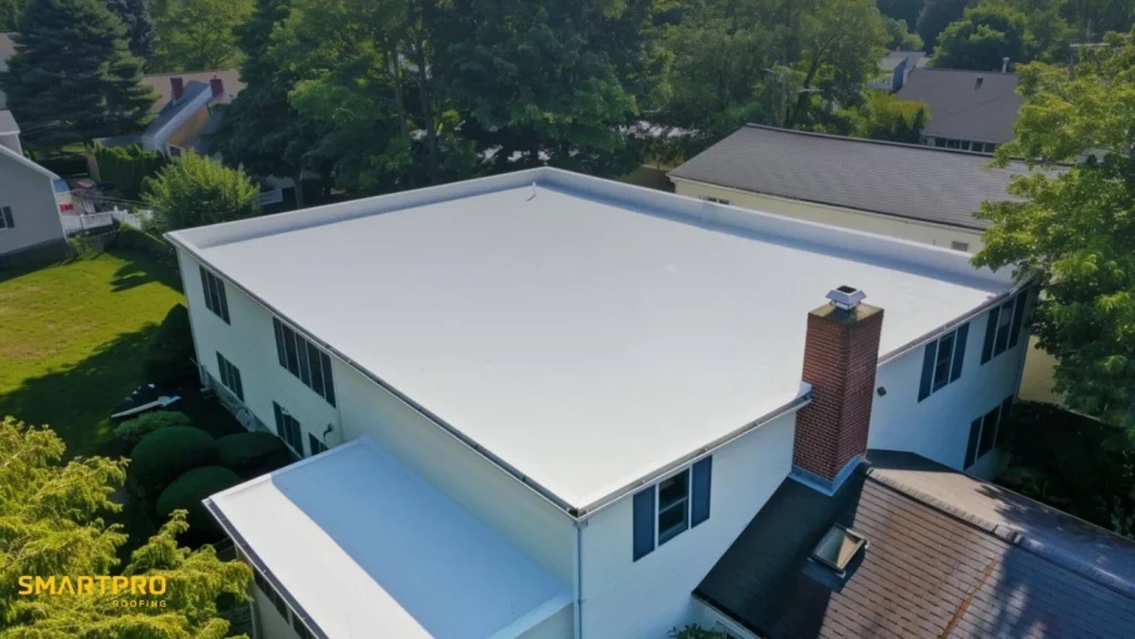 A roof featuring a clean, white surface, emphasizing its uniform color and design.