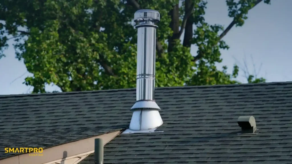 A stainless steel chimney protrudes from a shingled roof against a backdrop of green trees under a clear sky. "SMARTPRO Roofing" text is visible in the corner.