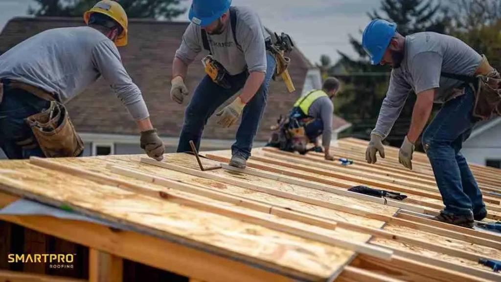 Workers in safety gear construct a wooden rooftop under a clear sky. They use tools and safety equipment, demonstrating teamwork and focus.