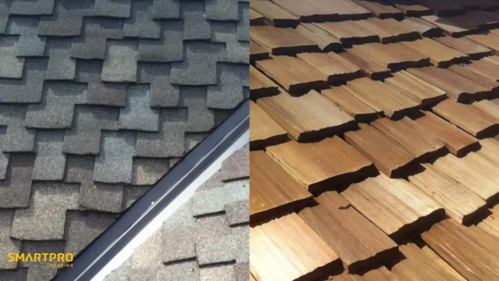 Split image comparison of two roofs: on the left, grey asphalt shingles; on the right, tan wooden shakes. Contrasting textures highlight durability versus rustic charm.