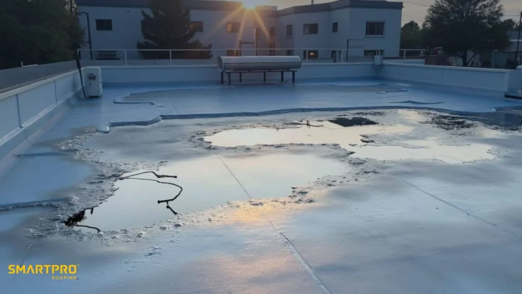 Flat Roof Lifespan in Florida: How Long Common Flat Roof Materials Really Last 10 A rooftop with water pooling on it, illuminated by a warm sunset in the background.
