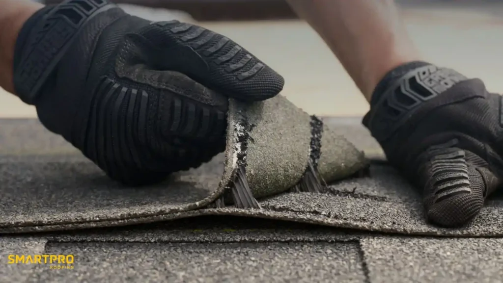 Worker's gloved hands peeling back a damaged shingle on a roof. The focus is on the texture and repair process; mood is meticulous and focused.