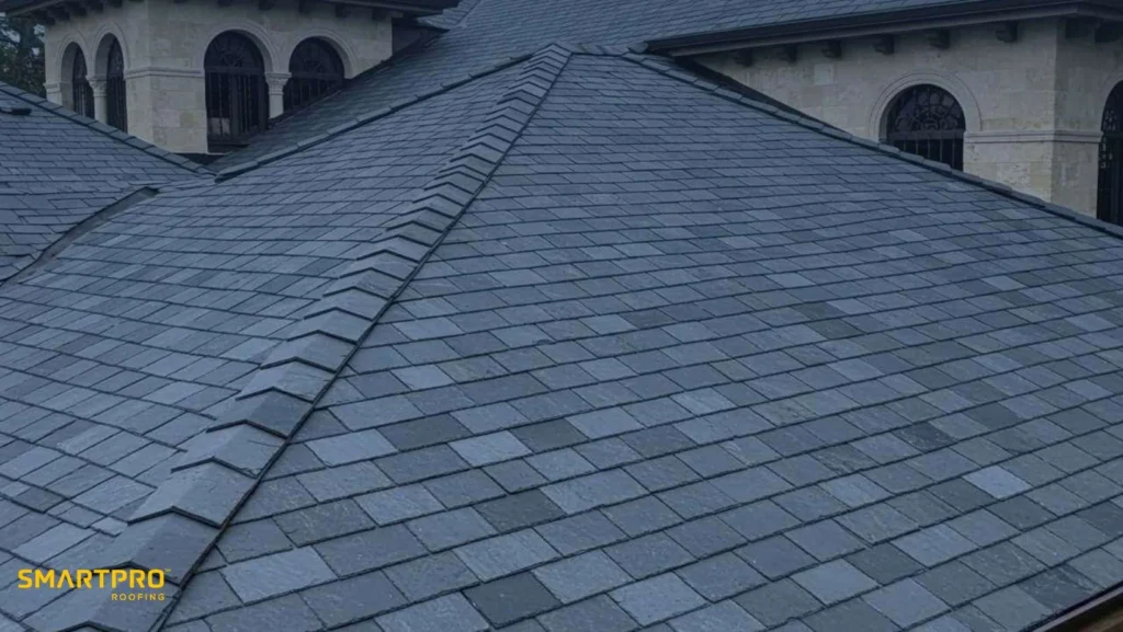 A roof featuring gray shingles complemented by a bright yellow roofing section.
