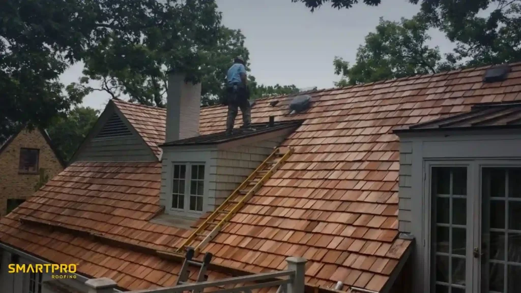 A man working on a wooden shingled roof, focused on repairs under a clear blue sky.