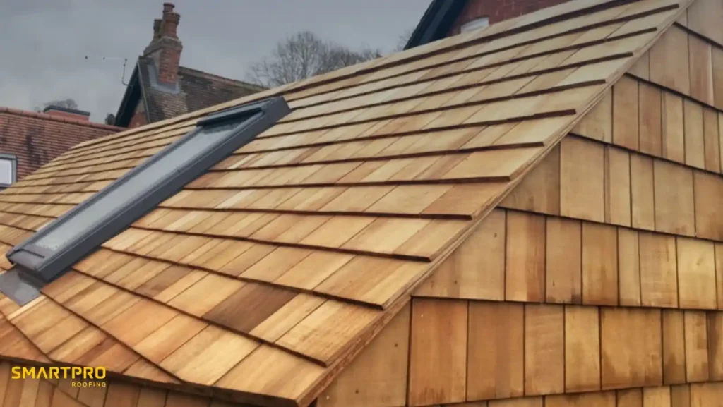 What Are Cedar Shingles? Smooth, Stylish Wood Roofing Explained 12 A wooden shingle rooftop with a skylight window on a sloped surface under a cloudy sky. The shingles are light brown, and the mood is serene.