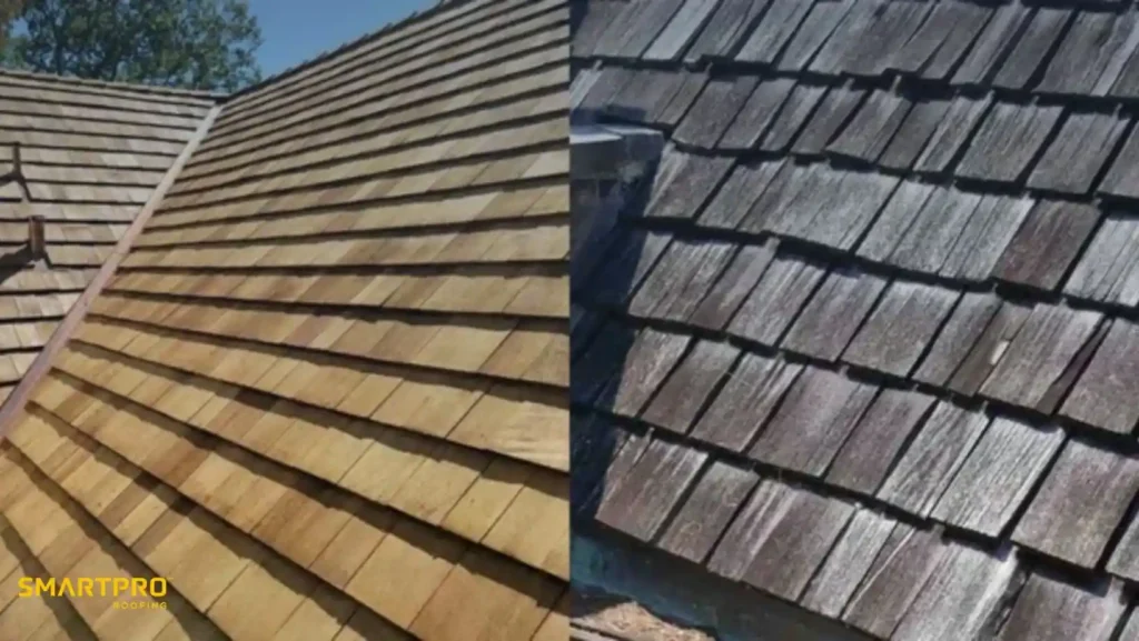What Are Cedar Shingles? Smooth, Stylish Wood Roofing Explained 10 Split image showing a wooden roof. Left side features clean, new wood shingles; right side displays old, weathered shingles. Mood is comparative, contrasting maintenance.