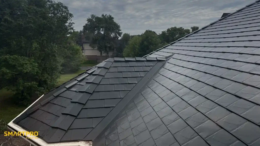 Alt text: "Smooth black slate roofing tiles on a house under a cloudy sky, bordered by lush green trees. The scene conveys a calm, peaceful ambiance."