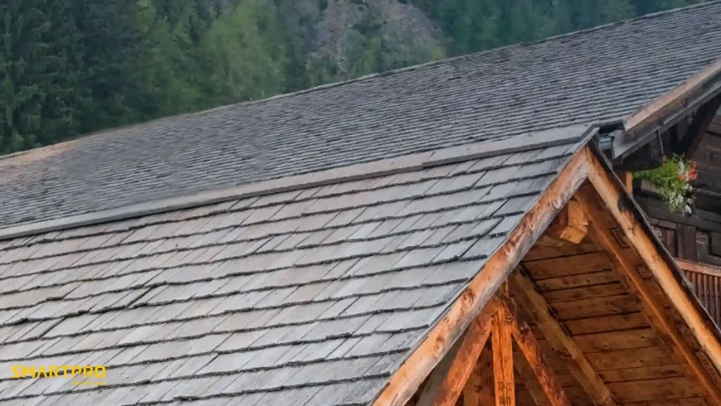 Close-up of a rustic wooden roof with gray shingles, set against a backdrop of lush green forest. The image conveys a tranquil and natural atmosphere.