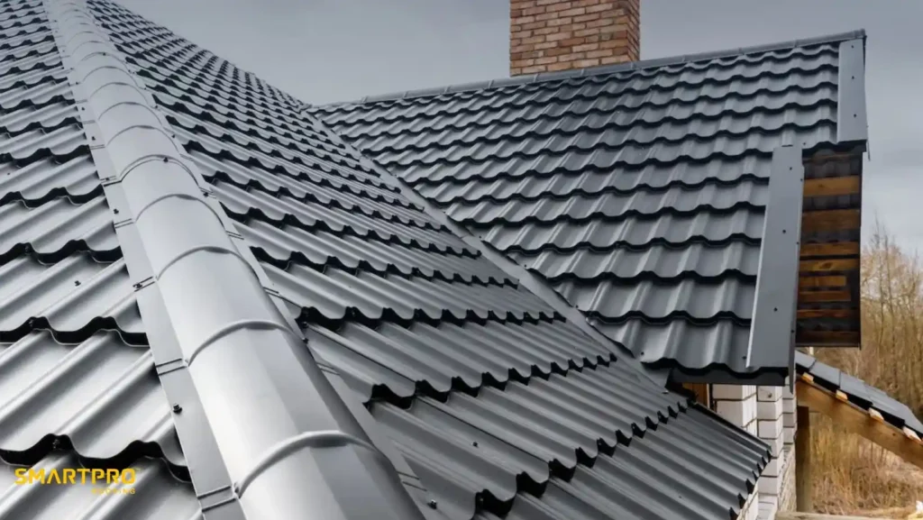 Are Metal Shingle Roofs Worth the Cost? Benefits & Lifespan 11 A house with a shiny, gray metal tile roof featuring a brick chimney. The sleek, modern design contrasts against a cloudy sky, suggesting a sturdy, weather-resistant structure.