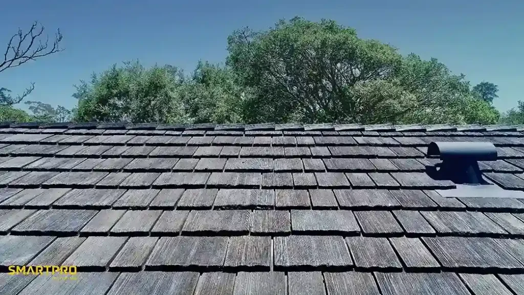 A wooden shingle roof with trees in the background, showcasing a natural and rustic setting.