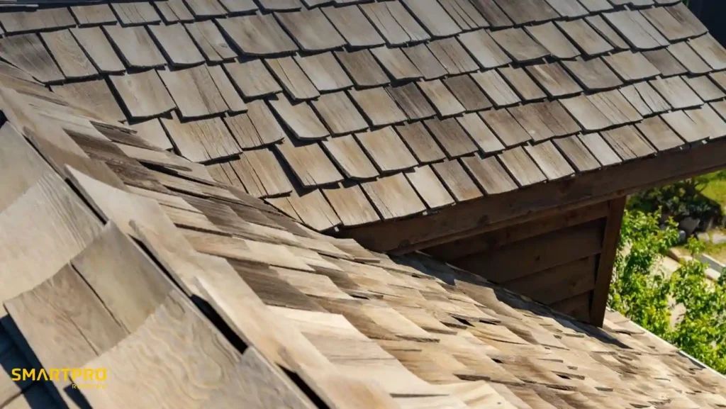 Close-up of a natural wood shingle roof with overlapping, textured tiles. Sunlight enhances the warm tones, while greenery in the background adds contrast.