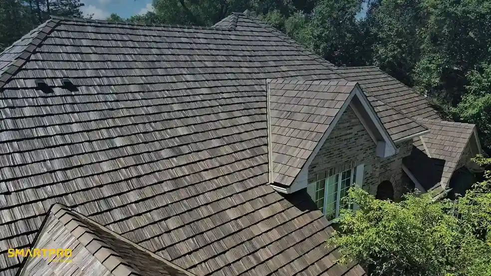 Aerial view of a house with a wooden shingle roof. The roof covers multiple sections of the house, surrounded by lush green trees under a clear sky.