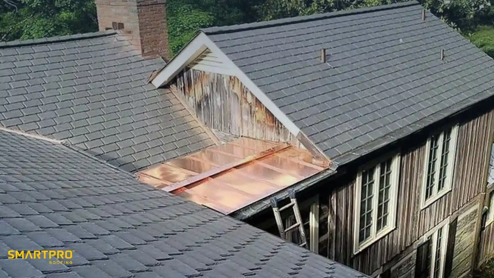 A gray-shingled roof with a recent copper roofing installation, adjacent to weathered wood siding. A ladder leans against the building, set in a lush, green environment.